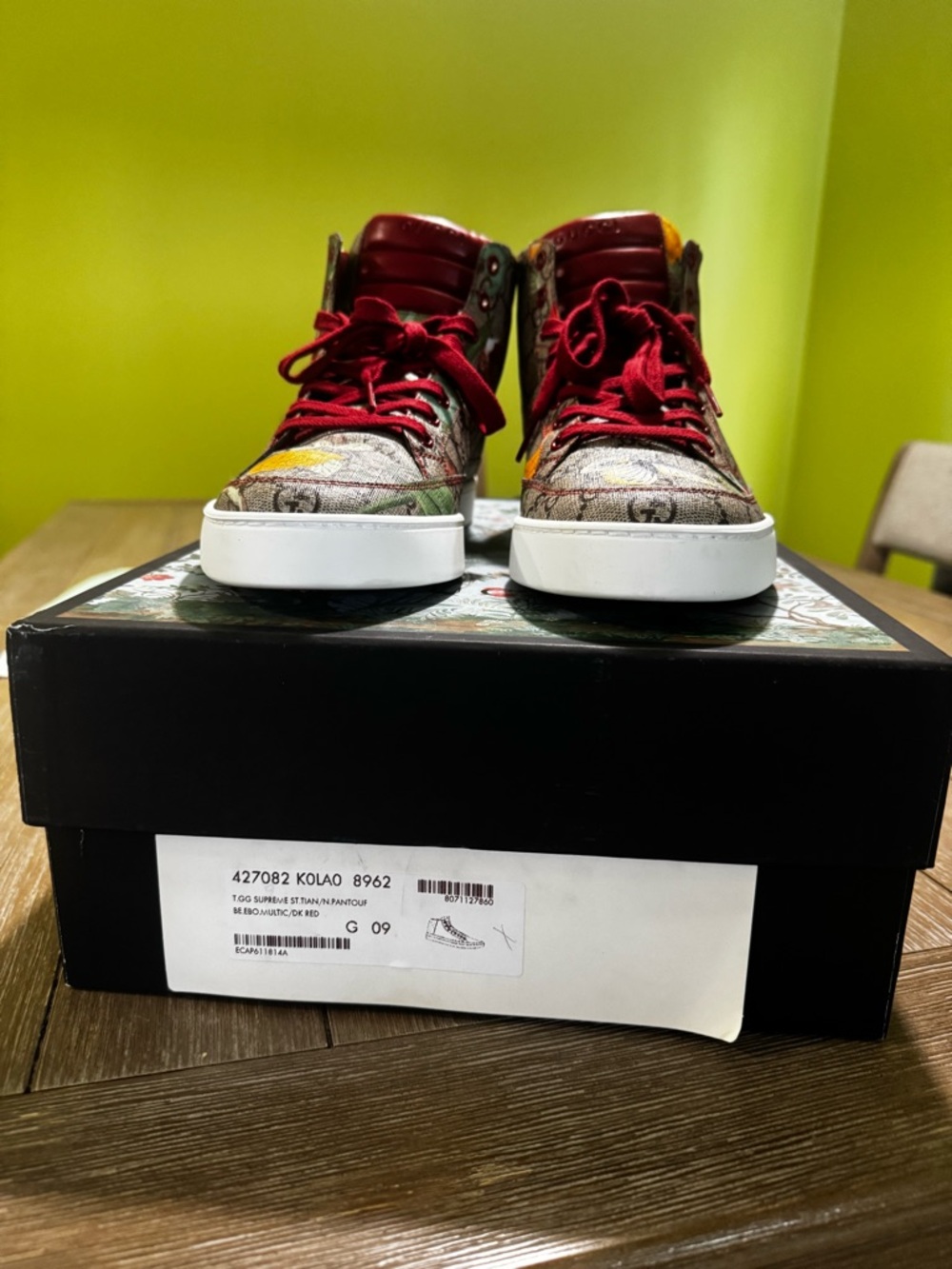 Gucci Multicolor GG-Print High-Top Sneakers with Burgundy Laces